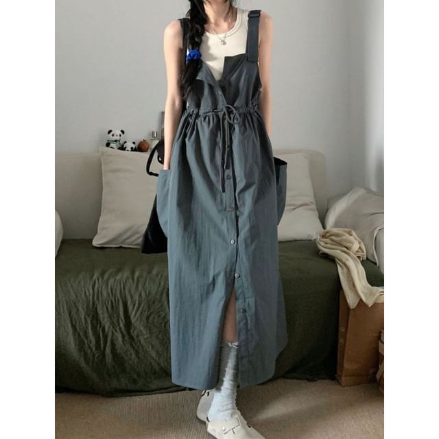 Sisyphi-Sleeveless Button-Up Plain Maxi Dress Tank Top Set