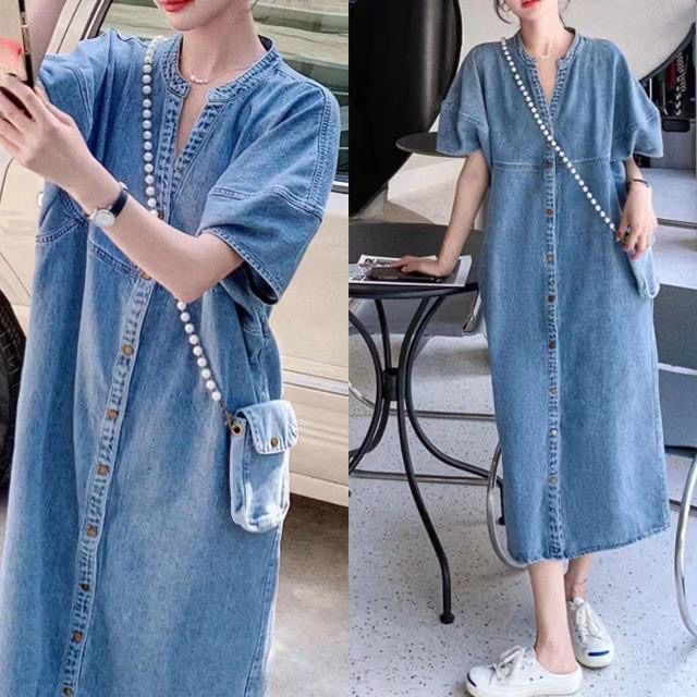 Supernova-Elbow-Sleeve Notch Neck Washed Button-Up Denim Midi Tunic Dress