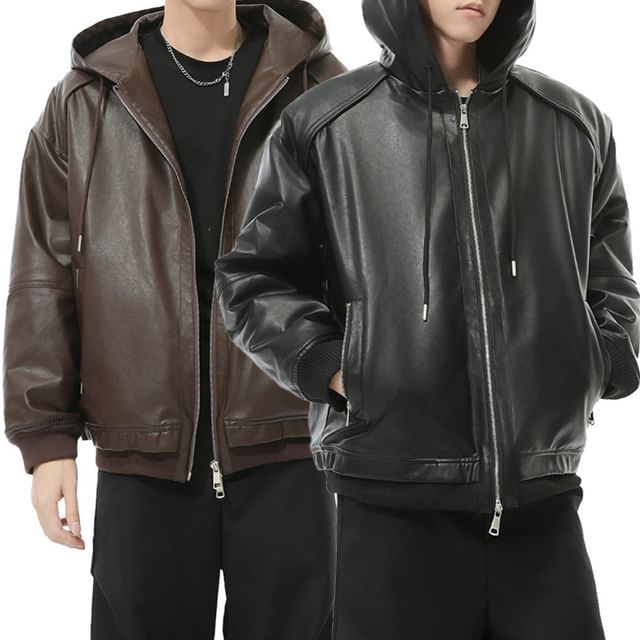 FAERIS-Plain Hooded Faux Leather Zip Jacket