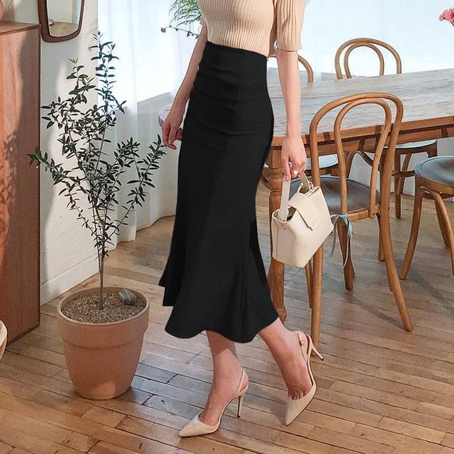 poppymoira - High Waist Plain Midi Mermaid Skirt