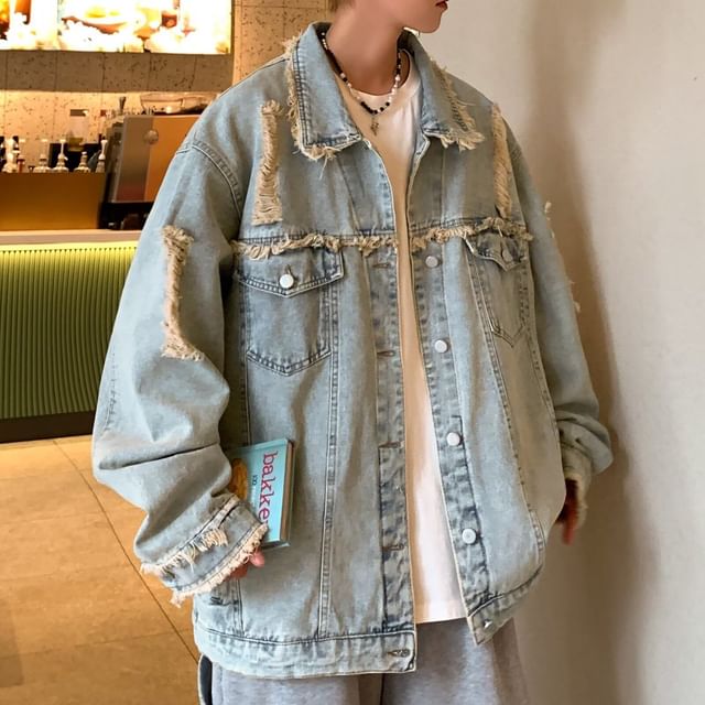 Priam-Lapel Collared Washed Distressed Denim Oversized Jacket