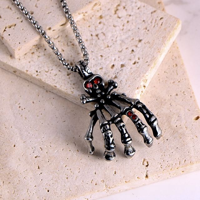 Prushia Stainless Steel Skeleton Hand Pendant Necklace Set