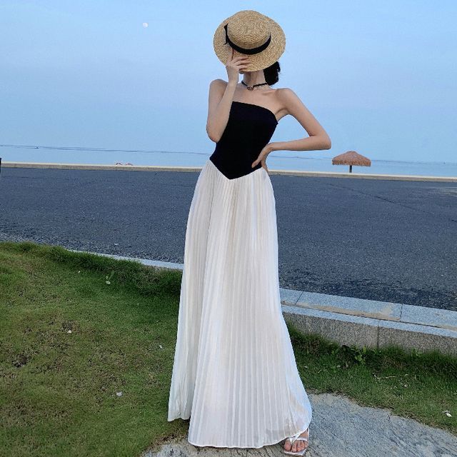 strapless open back dress Eloise White Mesh Panel Maxi Dress with Satin Stripes main image 1