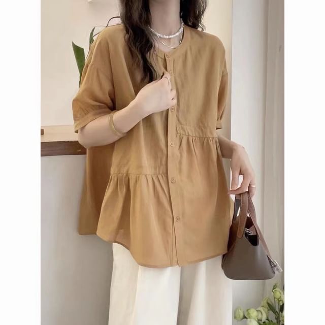 INEN-Short-Sleeve Plain Flowy Blouse