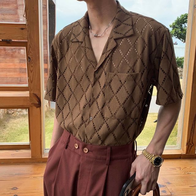 Nahagin-Short-Sleeve Argyle Pattern Button-Up Shirt