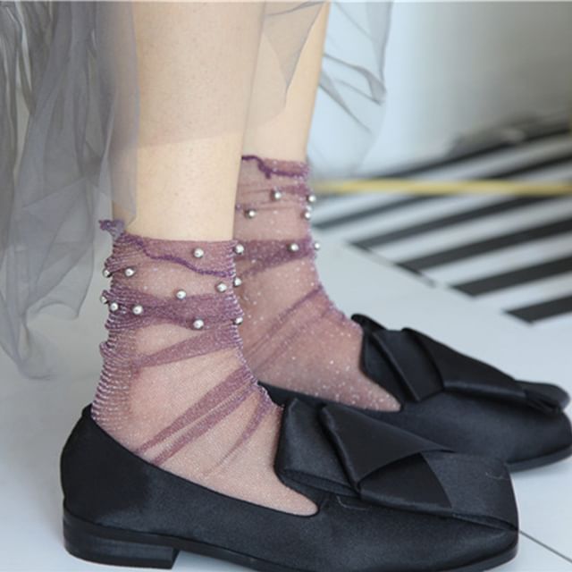 Whychunga-Plain Beaded Mesh Short Socks
