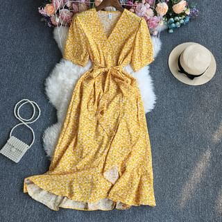 Dudu Puff-Sleeve V-Neck Floral Print Wrap Midi A-Line Dress