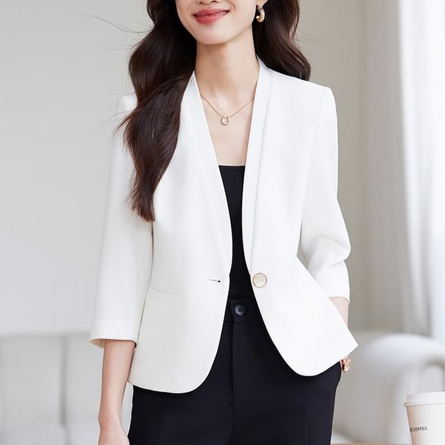 Skyheart-34 Sleeve Collarless Plain Single Button Blazer