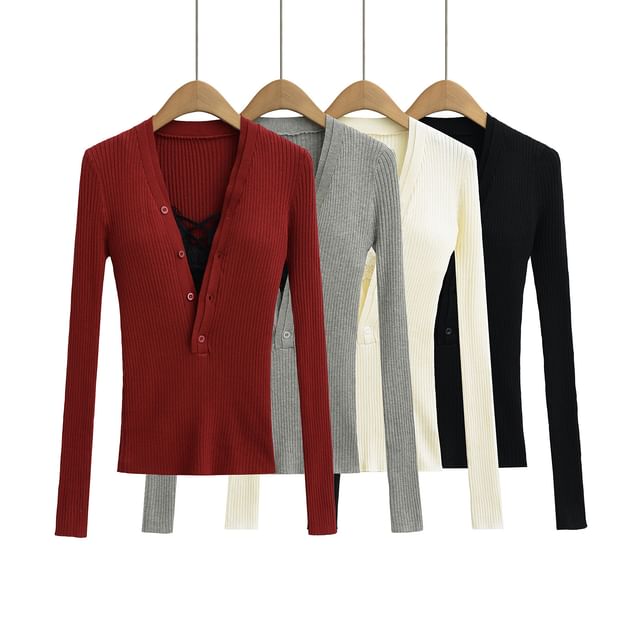 Asiris-Long Sleeve V-Neck Plain Button Up Crop Top