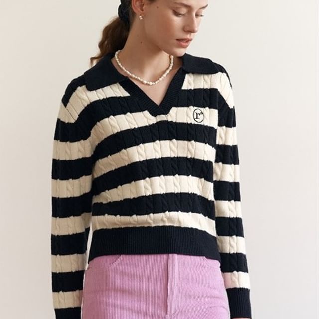 rolarola - Open Collar Striped Cable Knit Sweater | YesStyle