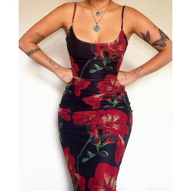 Alizio - Spaghetti Strap Flower Print Midi Bodycon Dress | YesStyle