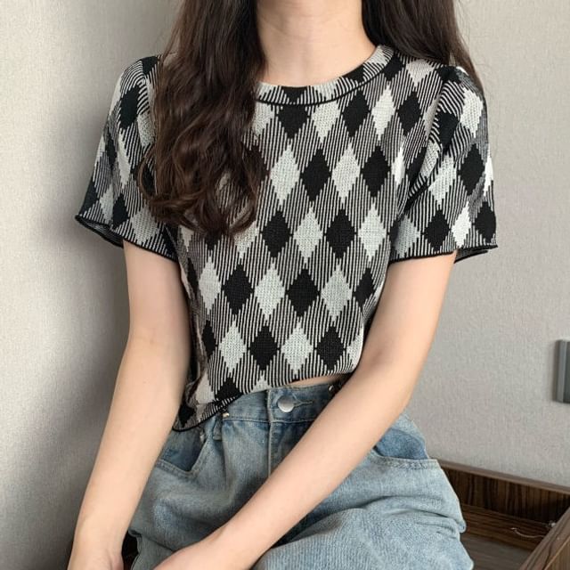 Sisyphi-Short-Sleeve Crew Neck Plaid Knit Top
