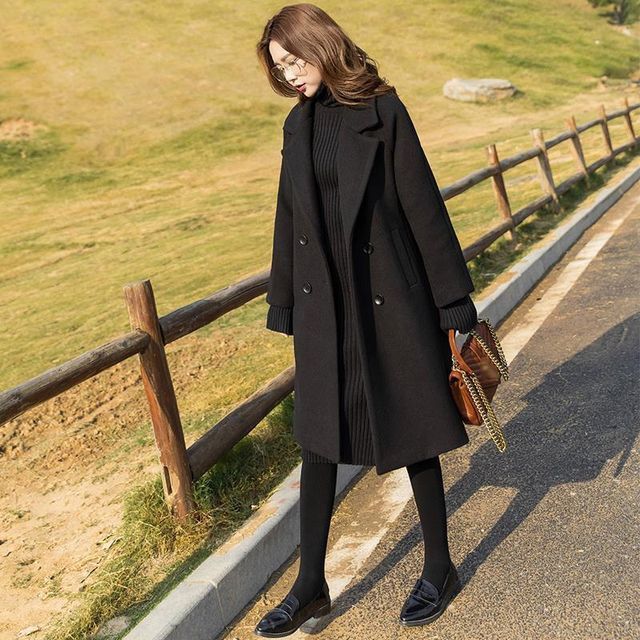 INEN-Notch Lapel Plain Midi Double Breasted Coat