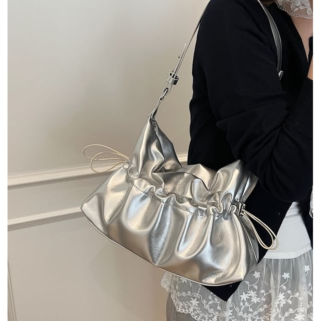 Skyglow-Plain Drawstring Faux Leather Crossbody Bag