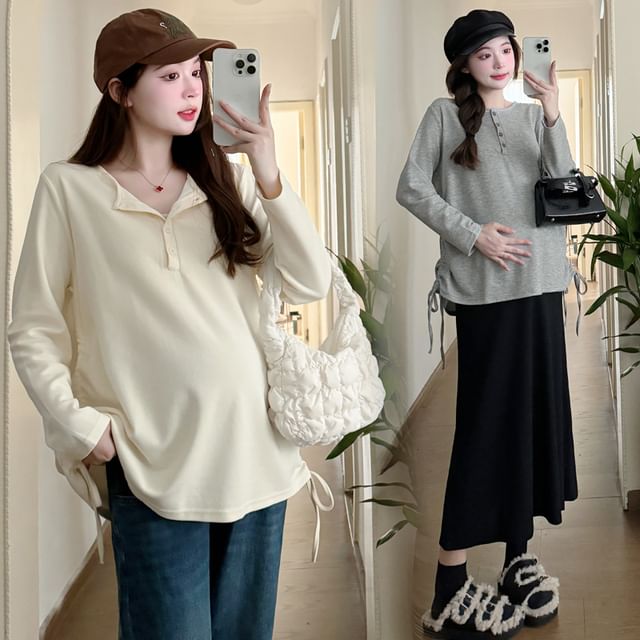 NEUF-Maternity Long-Sleeve Henley Plain Drawstring Tee