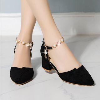 Shoes Galore - Faux Suede Rhinestone Ankle Strap D'Orsay Block Heel ...