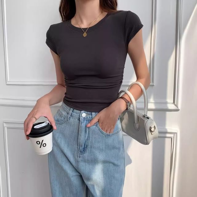 Dovitade-Short-Sleeve Crewneck Plain Crop Tee