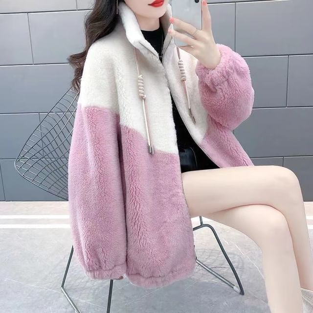 Everose-Stand Collar Two Tone Fleece Zip Jacket