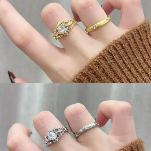 Seirios-Rhinestone Hollowed Engraved Ring