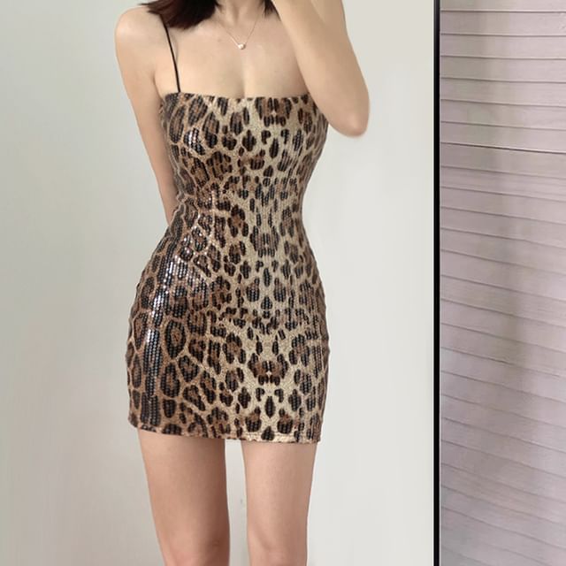Allinya-Spaghetti Strap Leopard Print Mini Bodycon Dress