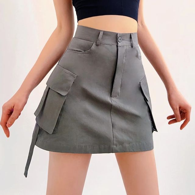Asiris-High Rise Plain Pocket Mini Cargo A-Line Skirt