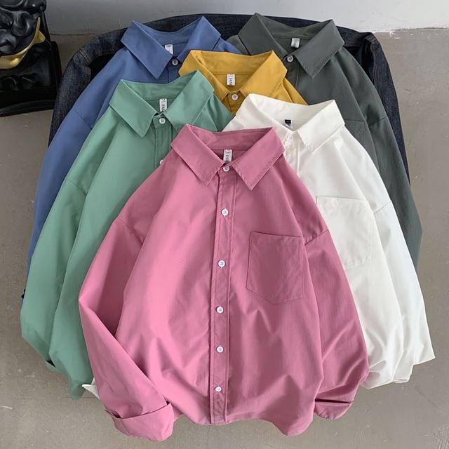 Drawouf-Plain Button-Up Shirt