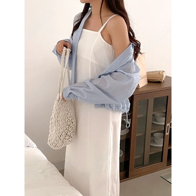SeoulPop-Plain Button-Up Drawstring Light Jacket