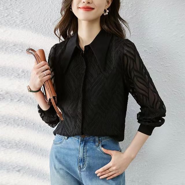Everose-Long-Sleeve Plain Mesh Shirt