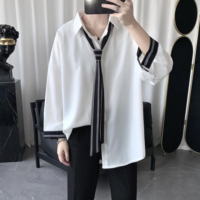Lingaris-Long Sleeve Collared Striped Panel Shirt with Necktie