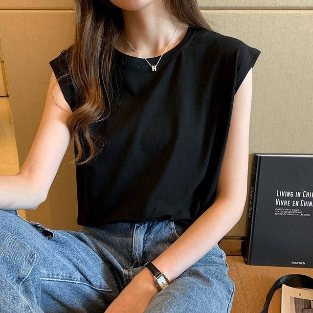 Cossita-Cap-Sleeve Round Neck Plain T-Shirt