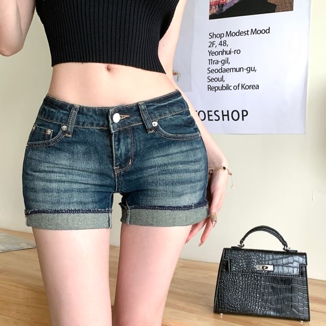 Yako-Low Rise Washed Denim Shorts