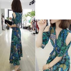 Lewwe - Chiffon Cold-Shoulder Floral Dress Lewwe - Chiffon Cold-Shoulder Floral Dress