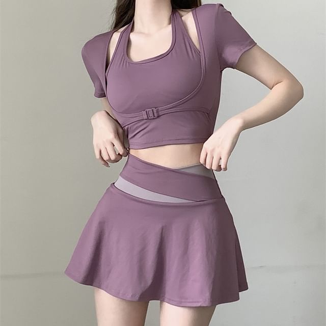Shinsei-Mock Two-Piece Short-Sleeve Plain Crop Top Two Tone Mini Skort