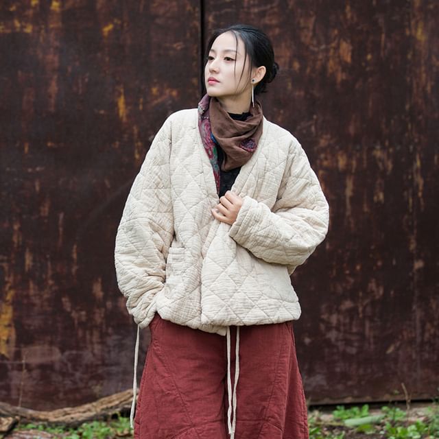 Lewwe-V-Neck Plain Quilted Tie Waist Wrap Jacket