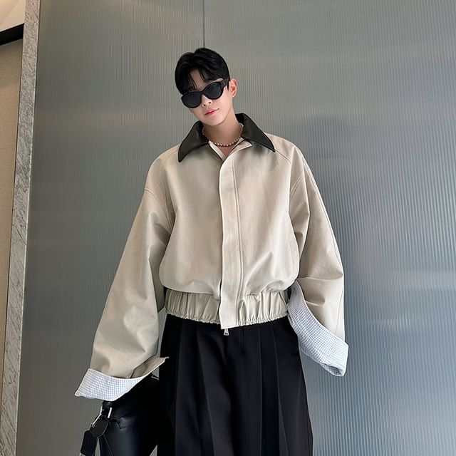 Freehop-Lapel Collar Two Tone Zip Jacket