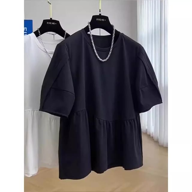 fluffush-Elbow-Sleeve Crew Neck Plain Panel T-Shirt