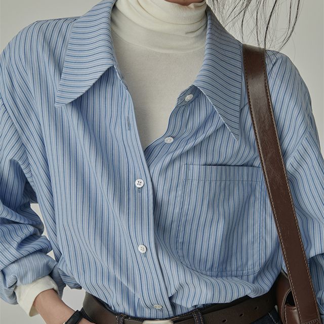 Everose-Long-Sleeve Collared Pinstriped Shirt