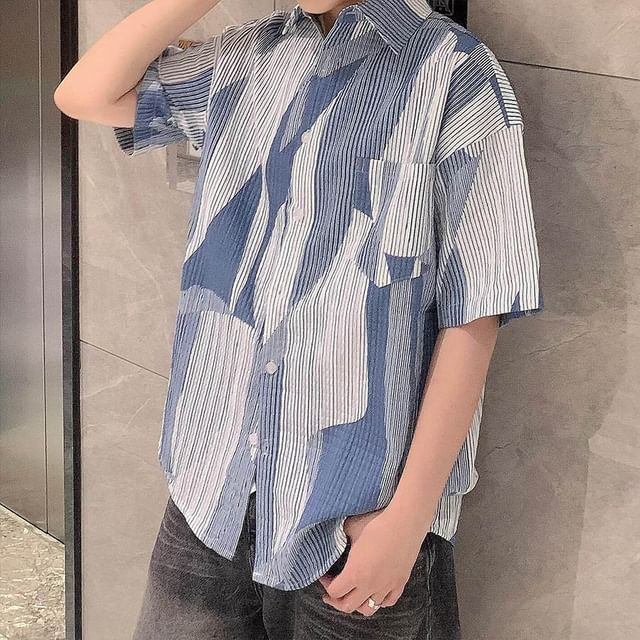 ROOSE-Short-Sleeve Collared Striped Shirt