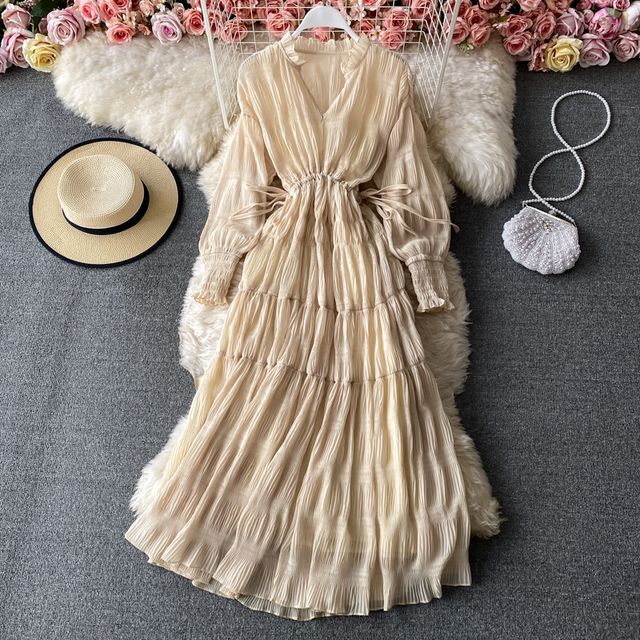 Yearnin - Long Sleeve Crinkled Chiffon Maxi Dress | YesStyle