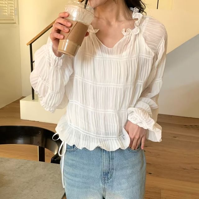ISSOL-Long-Sleeve V-Neck Plain Lettuce Edge Blouse
