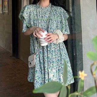 aistera Short-Sleeve Floral Frill Trim Mini A-Line Dress