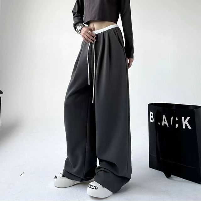 Everose-Drawstring Waist Contrast Trim Wide Leg Sweatpants