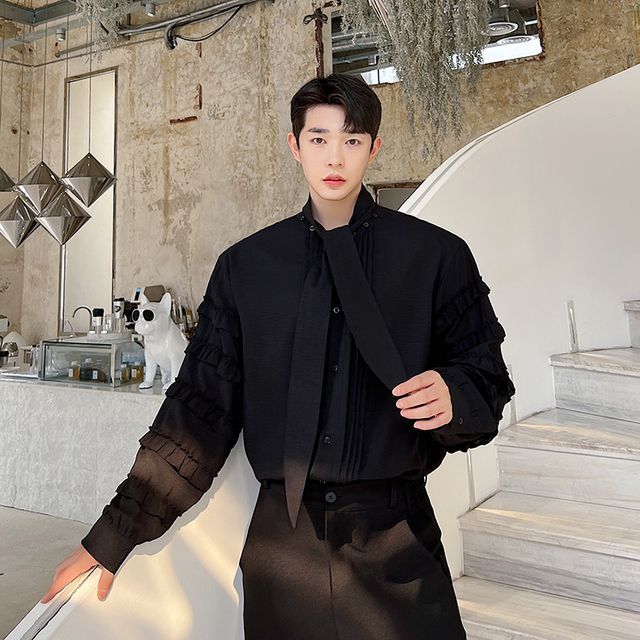Patow-Long-Sleeve Tie Strap Plain Shirt