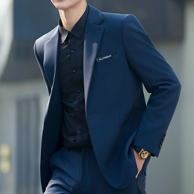 Blueforce-Notch Lapel Plain Single-Button Blazer Mid Rise Tapered Dress Pants Set