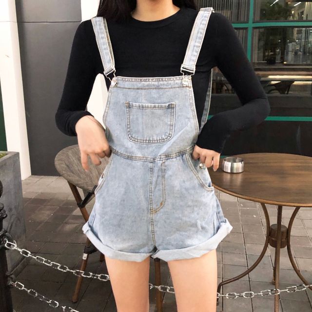 Astarte Washed Wide Leg Denim Jumper Shorts YesStyle