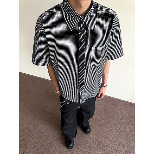 Orungeetun-Short-Sleeve Gingham Button-Up Shirt