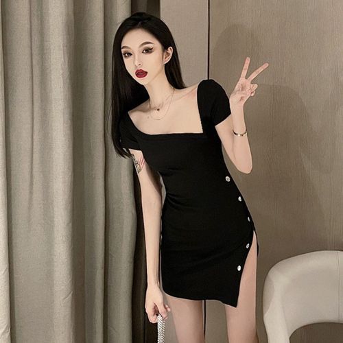 Xylienna - Short-Sleeve Asymmetrical Neck Plain Button Slit Mini Bodycon Dress | YesStyle Xylienna - Short-Sleeve Asymmetrical Neck Plain Button Slit Mini Bodycon Dress | YesStyle