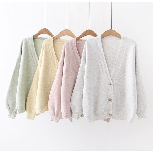 PANDAGO-Plain V-Neck Cardigan
