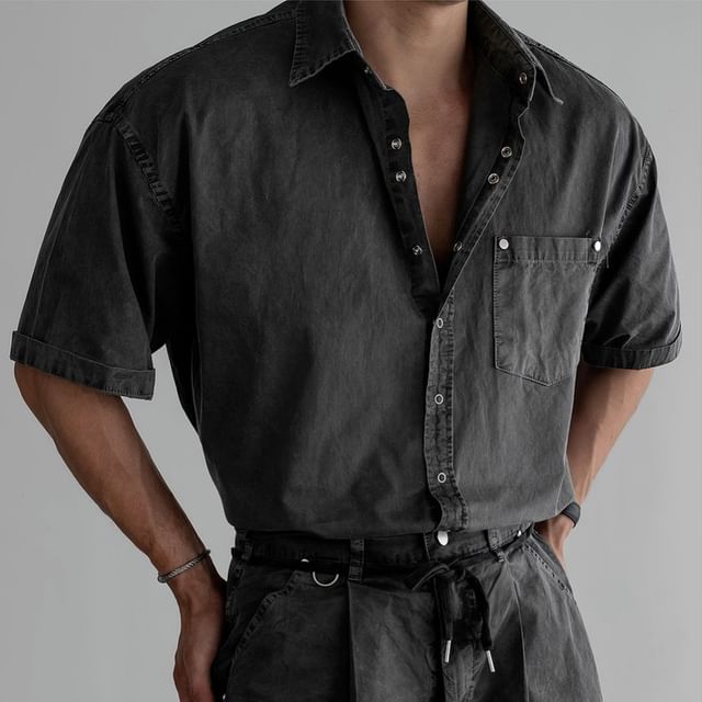mopagrati-Short Sleeve Collared Plain Washed Shirt