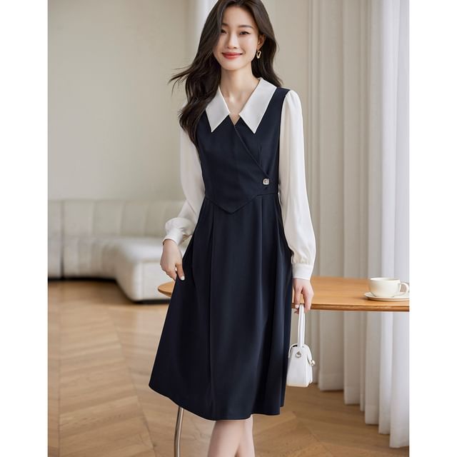 Jeonseon - Long Sleeve Collared Mock Two Piece Midi A-Line Wrap Dress | YesStyle Jeonseon - Long Sleeve Collared Mock Two Piece Midi A-Line Wrap Dress | YesStyle